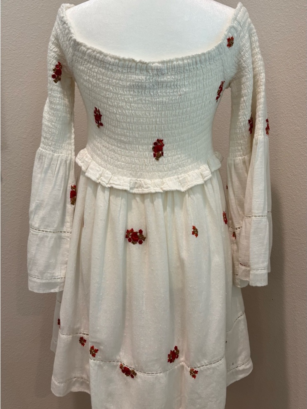 Free People Cream Smocked Bodice Mini Dress with Red Floral Embroidery - Picture 3 of 4